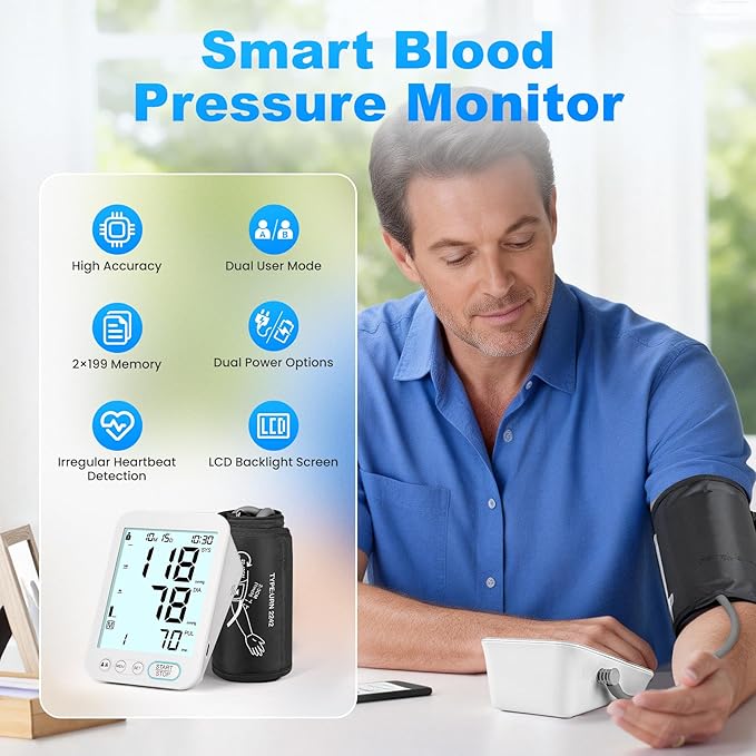 Blood Pressure Monitor Upper Arm BP Machine for Home Use Accurate Large Adjustable 8.7"-16.5" Cuff LCD Backlit Display with Carrying Bag, White