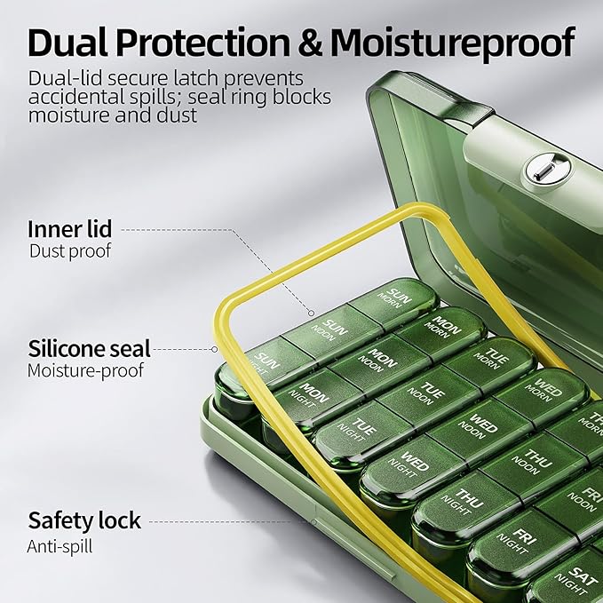 Weekly Pill Organizer 3X a Day, Detachable 7 Day Pill Box 3 Times a Day with Moisture-Proof Design, Portable Light-Proof Daily Pill Case for Pills,Vitamin,Fish Oil and Supplements(Green)