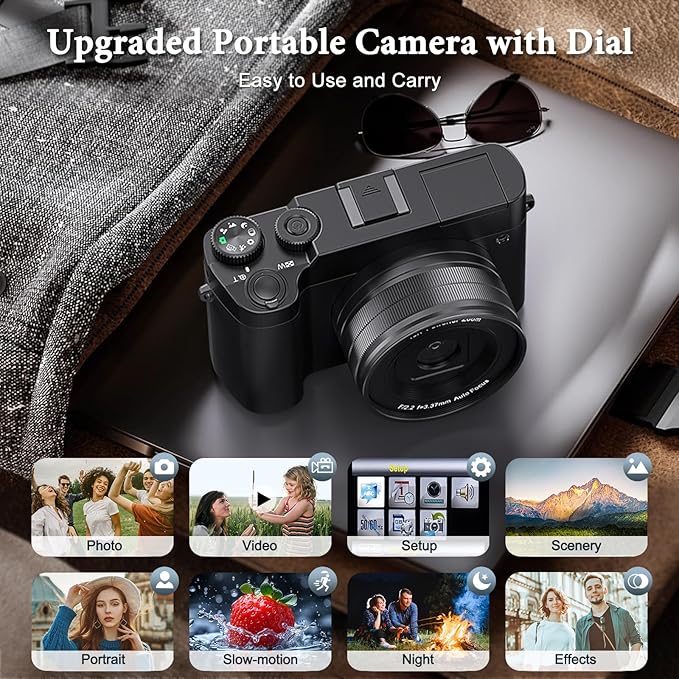 4K Digital Camera, 64MP Rear and Front Camera for Photography and Video Autofocus Anti-Shake, 3'' Selfie Flip Vlogging Camera with Ultra Bright Flash, Camera with Dial 16X Zoom (2 Batteries+Charger)