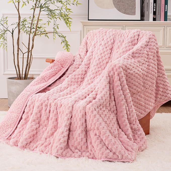 Super Fuzzy Soft Fleece Sherpa Weighted Blanket 20 lbs for Adults, 3D Imitation Turtle Shell Luxury Weighted Throw for Better Sleep, Dual Sided Cozy Heavy Blankets for Couch Bed, Pink, 60" x 80"