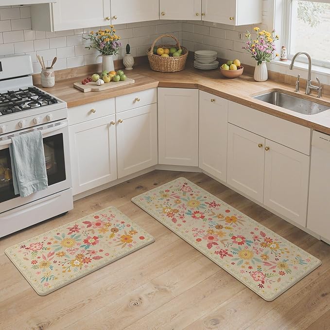 GENIMO Kitchen Mats for Floor 2PCS, Cushioned Kitchen Rugs Non Slip Washable, Farmhouse Anti Fatigue Mat Waterproof, Comfort Standing Mat Rug for Office, Home, Laundry, 17.3"x47"+17.3"x30", Beige