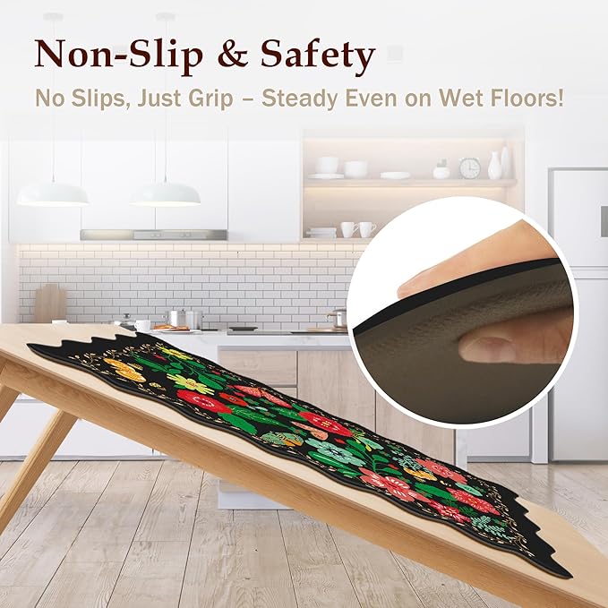 Scalloped Black Kitchen Mats for Floor 2PC Cushioned Anti Fatigue Kitchen Mats Rugs Waterproof Non Slip Farmhouse Boho Floral Comfort Foam Standing Mat for Sink Laundry