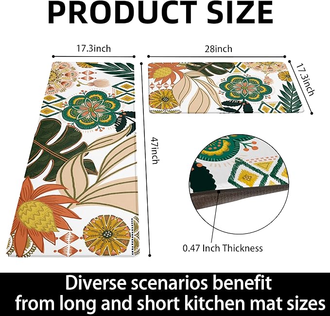 Boho Floral Kitchen Rugs Sets of 2 Anti Fatigue Cushioned Kitchen Mats for Floor Farmhouse Kitchen Rugs Non Slip Waterproof Mid Century Botanical Comfort Standing Mat for Sink Laundry