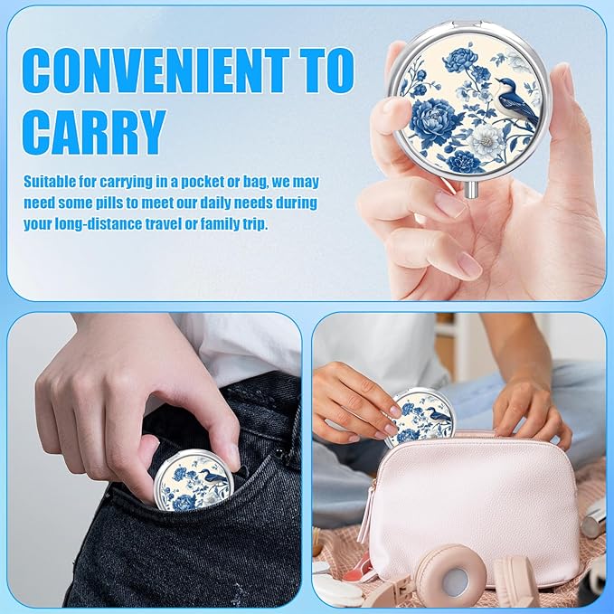 Blue Bird Blooming Flower Pill Case, Pill Box 3 Compartments Metal Small Pill Holder with Mirror Mini Travel Pill Container for Purse Pocket Women Men