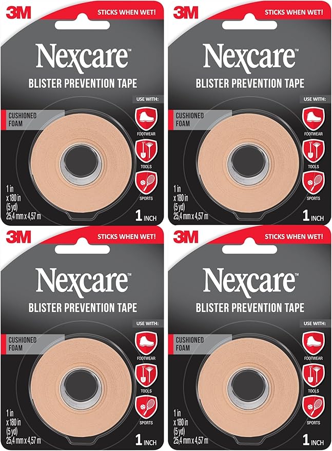 Nexcare Blister Prevention Tape, Waterproof Foam Medical Tape, Latex-Free, Sticks Firmly to Skin to Help Prevent Blisters - 1 in x 5 yds, 4 Rolls of Tape