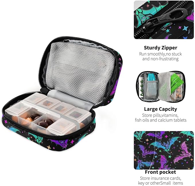 Travel Pill Organizer Bag Weekly Pill Organizer Case Goth Halloween Luminous Bats Portable Small Daily Pill Boxes for Vitamin Fish Oils Supplement Holder with Zipper Compact Size
