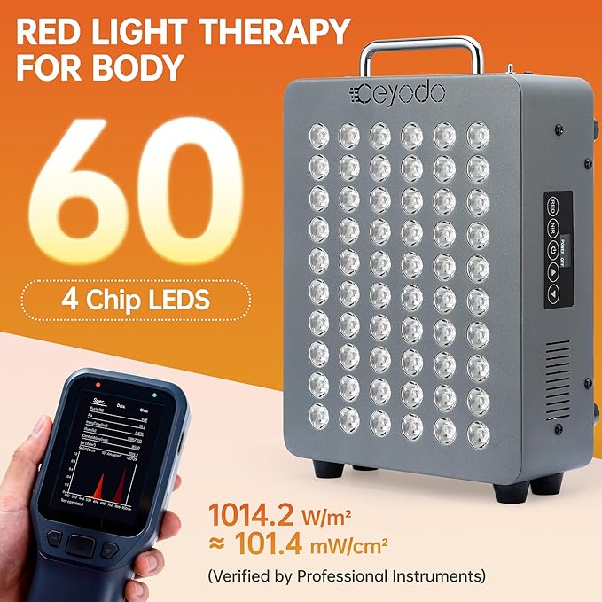 Red Light Therapy for Body, 4 Chip LED Light Therapy Panel with Near-Infrared Light 630nm 660nm 850nm 940nm, 138W High Power 60 LED Red Infrared Light Device, Includes Hanging Kit & Handle,Grey