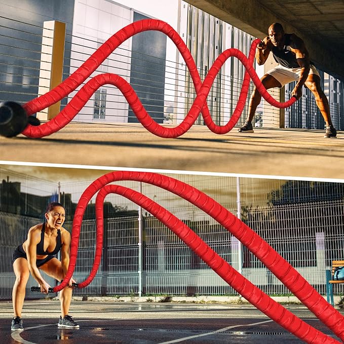 Battle Ropes for Home Gym Exercise - 1.5 Inch Diameter 30FT Red Battle Rope Workout Exercise Training Ropes with Protective Sleeve for Kids Men Women Exercise Fitness & Strength Training