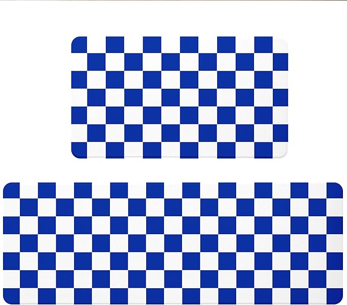 Stellar Blue Checkered Grid Checkerboard Kitchen Rug Sets [2 PCs], Anti-Fatigue, Waterproof Non-Slip Kitchen Mats Heavy Duty Comfort Foam Rug for Kitchen, Floor, Laundry,17"x29"+17"x47"