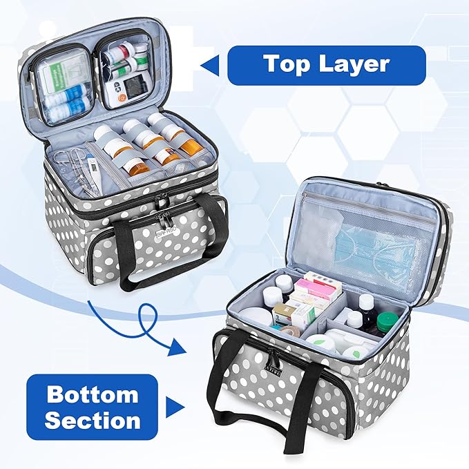 BAFASO Double Layer Medicine Bag with 2 Detachable Pouches, Pill Bottle Organizer for Travel and Daily Use (Bag ONLY), Polka Dots
