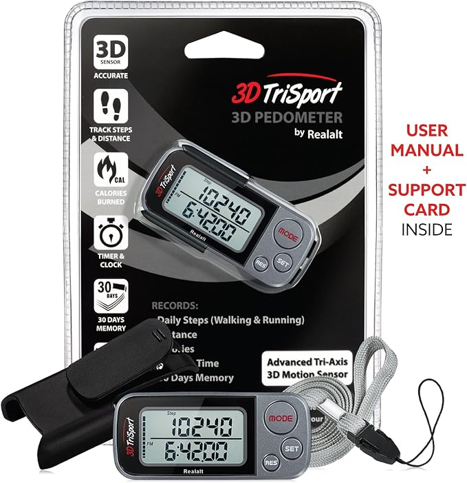Realalt 3DTriSport 3D Walking Pedometer with Clip & Strap, Accurate Step Counter with 30-Day Memory, Distance in Miles/KM with Large Display Perfect for Seniors & Beginners, eBook Included