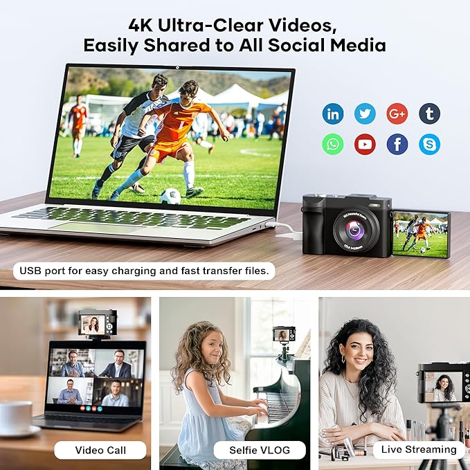 4K Digital Camera for Photography Auto-Focus, Compact 50MP Camera with 180° Flip Screen, 16X Digital Zoom, Camara Fotografica with 32GB Card – Great for Vlogging and Learning Photography