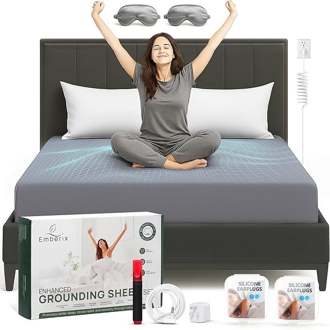 Emberix Grounding Sheets King Size, 12% Pure Silver Fiber Earthing Bed Sheet, 88% Cotton Soft & Breathable, Grounded Sheets Deep Pocket 15" with Eye Masks & Ear Plugs for Rest & Wellness (Gray)