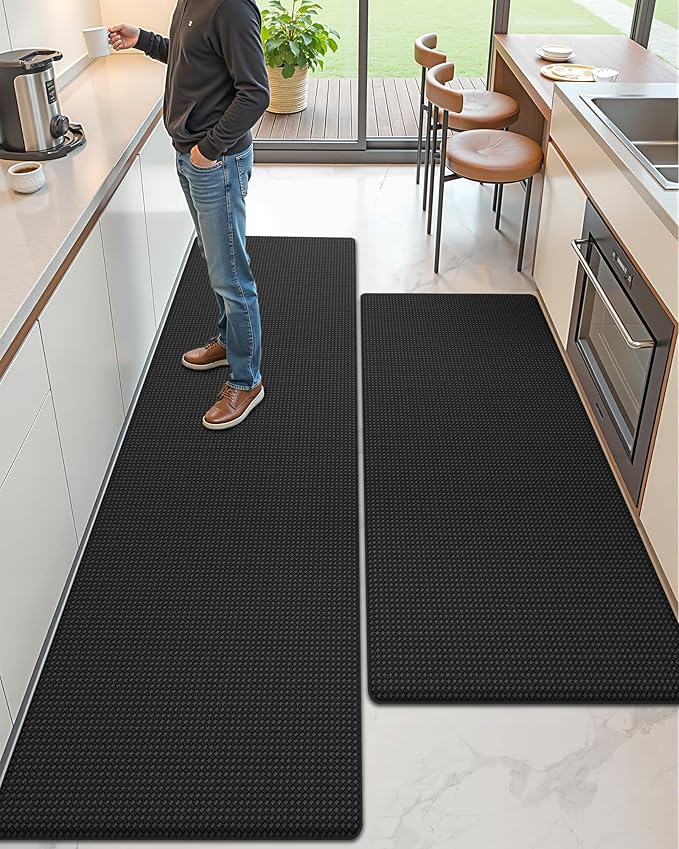 Color&Geometry Anti Fatigue Cushion Padded Kitchen Mat for Floor - 24x59+24x87,Easy Clean, Waterproof & Oil Proof, Anti Slip, Foam Rubber Runner Rug for Front Sink Comfort Standing, Black Set of 2