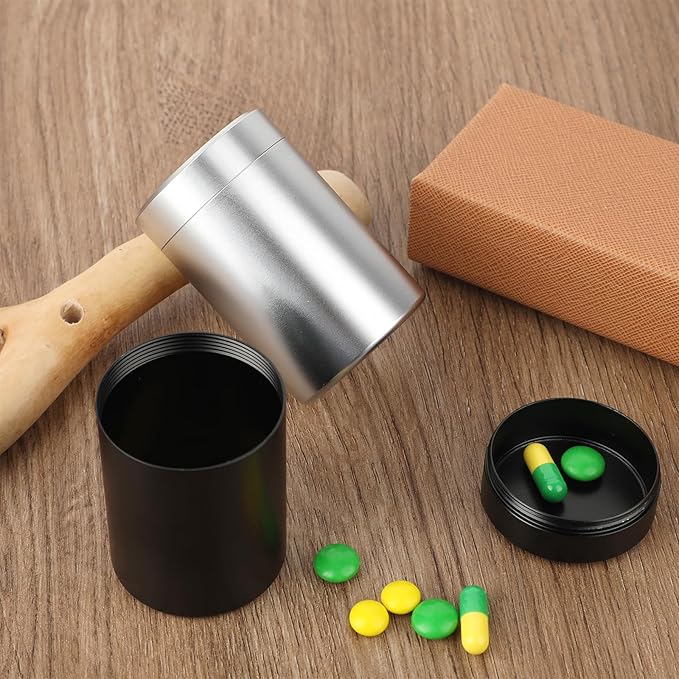2pcs Portable Metal Pill Organizer, Round Daily Pill Box Holder Pocket Small Pill Case Medicine Organizer Vitamin Bottle Containers for Traveling Outdoor Fish Oils Supplements (Black+Silver)