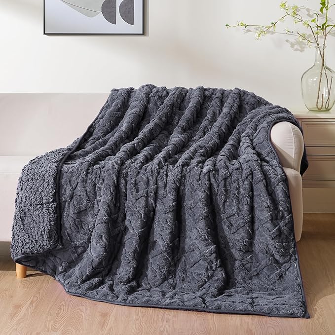 Uttermara Weighted Blanket for Adults Twin Size 15lbs 48x72 inches, Dual Sided Soft Jacquard Sherpa Weighted Blankets, Thick Heavy Blanket for Sleeping and Calming, Dark Grey