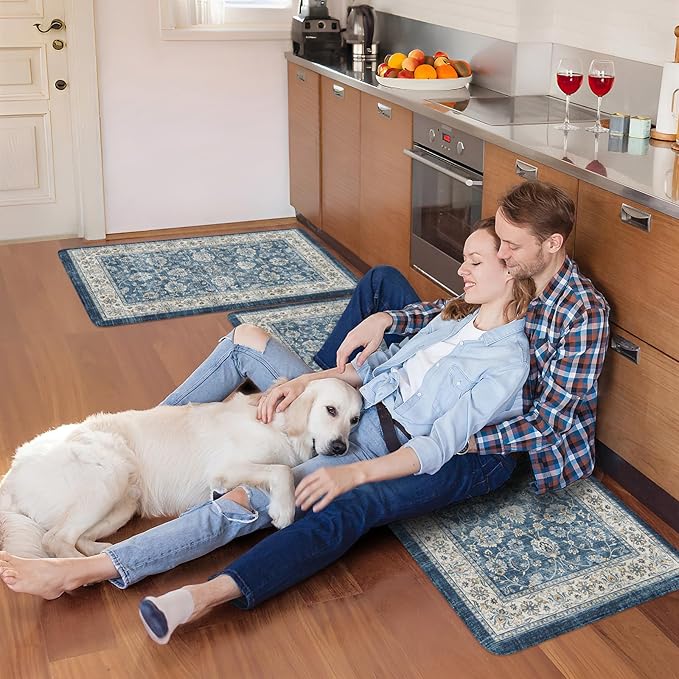 KIMODE Anti Fatigue Kitchen Mats 17.3" x 47"+17.3" x 29", Boho Blue Kitchen Rugs Sets of 2, Non Slip Waterproof Kitchen Floor Mats, Vintage Memory Foam Kitchen Mat for Sink, Laundry, Desk