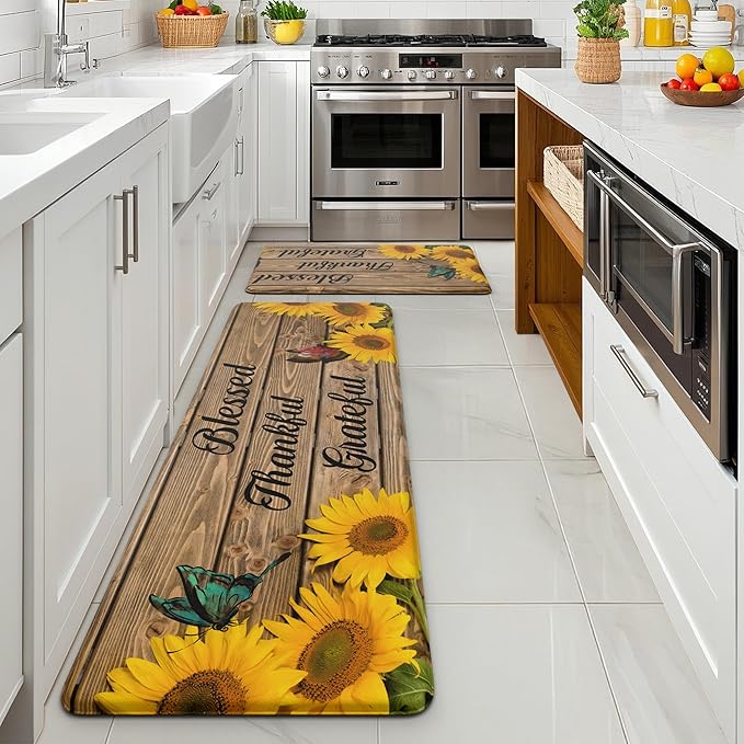 MAYHMYO Sunflower Kitchen Mat Set of 2 - Anti Fatigue Mats for Kitchen Floor - Non Slip Cushioned Rugs for Standing (17.3"×29"+17.3"×47"-0.4") Wood Grain