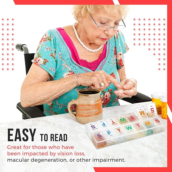 Extra Large Pill Organizer - Pill Box 7 Day Weekly Pill Organizer 2 Times a Day and AM PM Daily Pill Organizer Case for Medication Pills and Supplements with Braille and Bright XL Easy to Read Colors