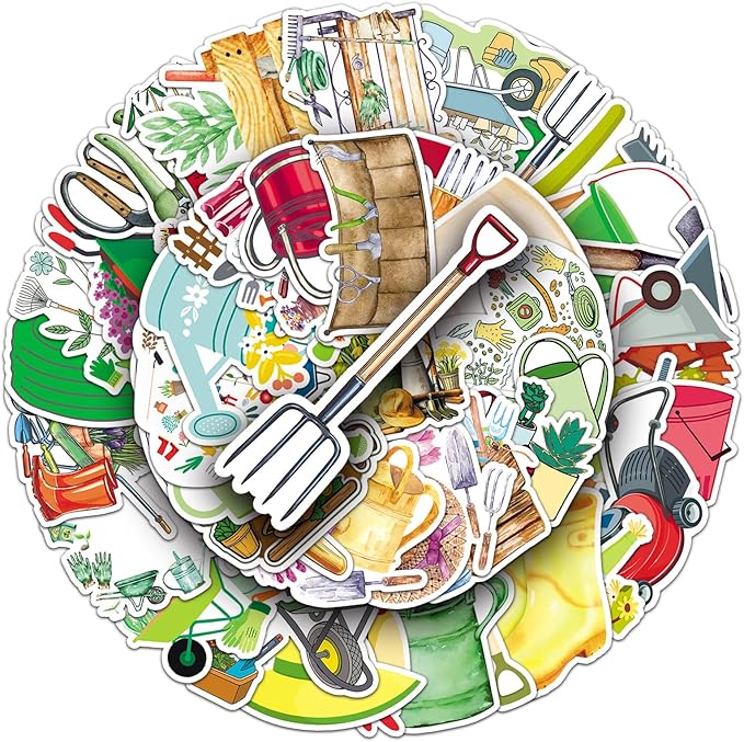 51pcs Garden Tools Stickers, Cartoon Shovel & Watering Can Pattern Decals, Waterproof & Durable for Gardening Journal, Flower Pot, Party Decoration