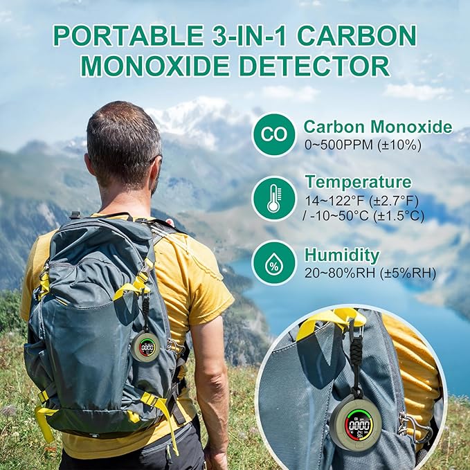 Portable Carbon Monoxide Detector for Travel, Mini 3-in-1 Carbon Monoxide Monitor with Magnetic Suction, RV CO Detector Alarm Temp/Humidity Sensor, Rechargeable CO Monitor 120-140HR Standby