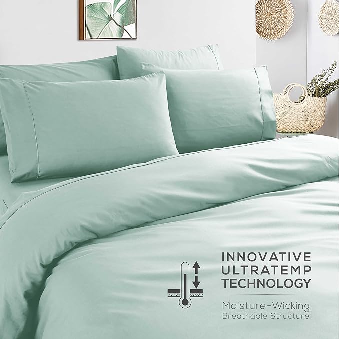 Mueller Ultratemp Bed Sheets Set, Super Soft 1800, 6 Piece California King Sheet Sets, Deep Pocket up to 16", Transfers Heat, Breathes Better, Hypoallergenic, Wrinkle-Resistant, Oeko-TEX, Light Teal