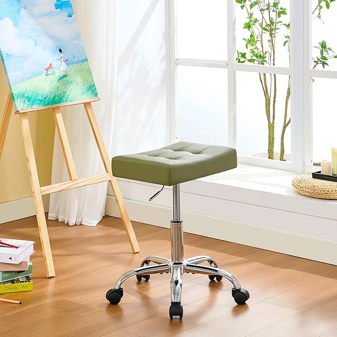 Saddle Salon Stool (Adjustable Height 17-21 inch) (Quiet Wheels and Sturdy Base) Nail Tattoo Vanity Massage Stool (Green)