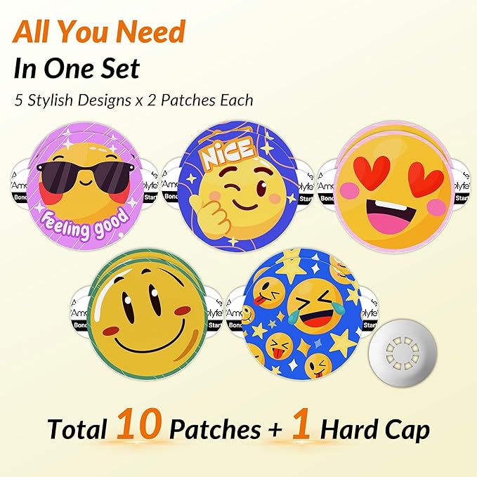 Libre 3 & Plus Sensor Covers Waterproof, Amolyfe 10 Pack Freestyle Libre 3 Sensor Covers, Bump-Proof with Hard Cap for Free Style Glucose Sensor, Easy-Peel Tab 14-Day Protection (Emoji)
