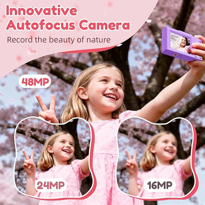 Digital Camera, FHD 4K Digital Point and Shoot Camera with 16X Zoom Anti Shake, 48MP Compact Small Camera with 32GB Card for Boys Girls Kids Fuchsia Purple
