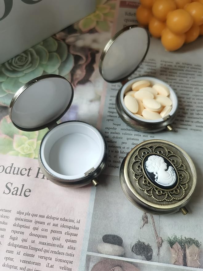 Bronze Pill Organizer, Portable Medicine Box for Pocket or Purse, Decorative Metal Vitamin Holder, Classical Small Pill Container, Unique Creative Gift for Women