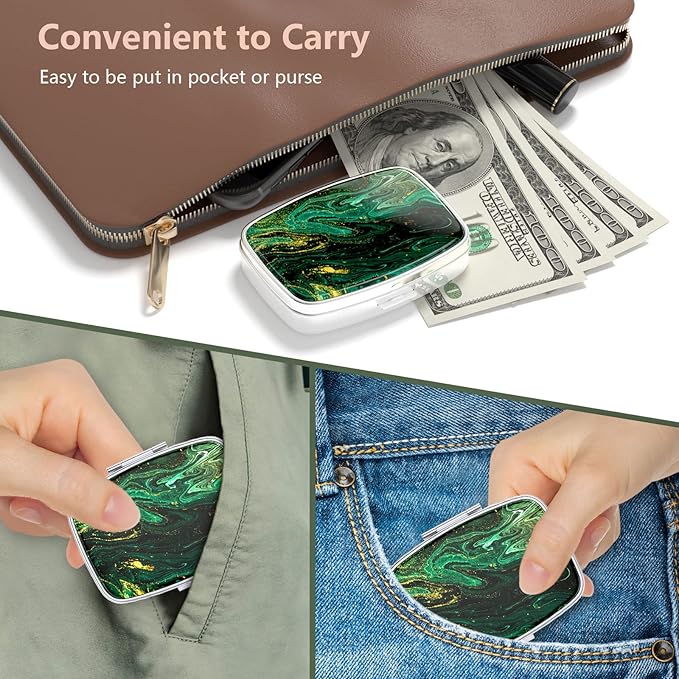 Nipichsha Pill Box, Small Pill Case for Purse & Pocket, Cute Travel Medicine Organizer, Portable Medicine Container Holder to Hold Vitamins, Medication, Fish Oil & Supplement, Green Ocean Marble