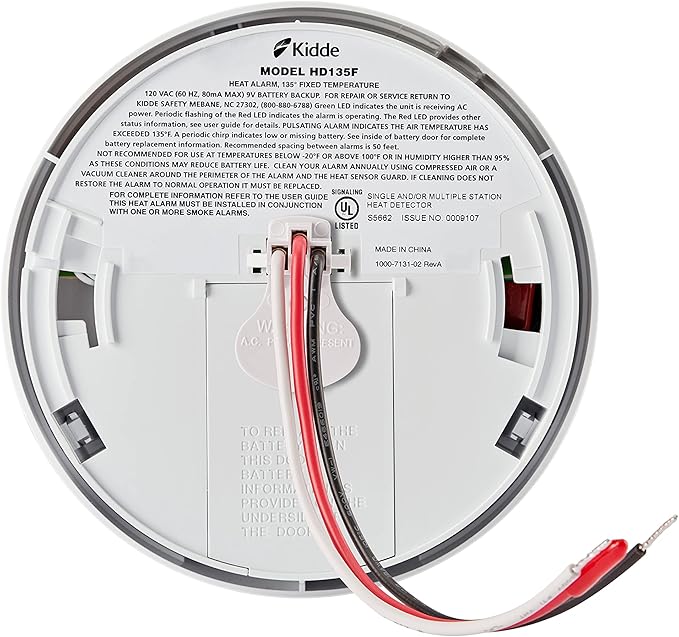 Kidde Heat Detector, Hardwired with Battery Backup & 2 LEDs, Interconnect Capability, Ideal for Garages