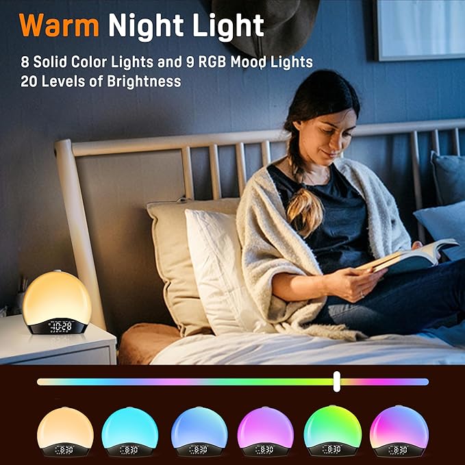 Sunrise Alarm Clock White Noise Sound Machine with 25 Soothing Sounds, 17 Night Lights, Bluetooth Speaker, Wake Up Light Alarm Clock for Bedrooms, Heavy Sleepers, Ideal Gift for Baby, Kids, Seniors