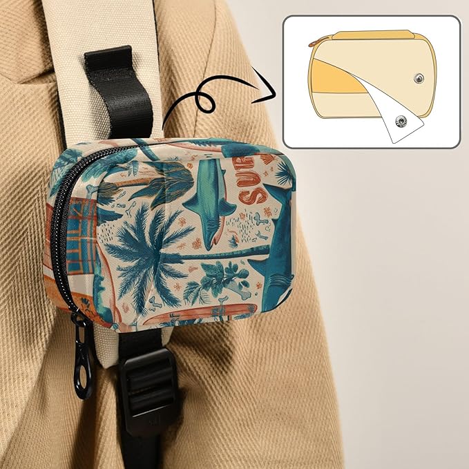Vintage Beige Surfing Sharks Ans Palm Trees Travel Pill Organizer Case Box Container Weekly Portable Vitamin Medicine Holder Storage Bag with Zipper Removable