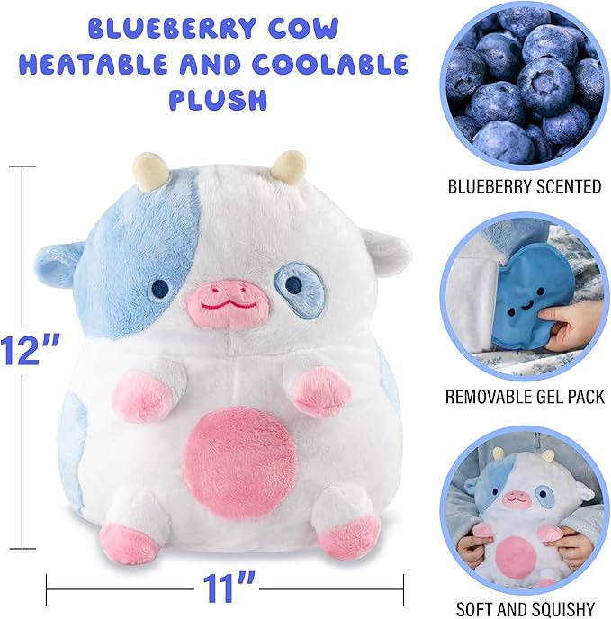 Heatable Scented Cow Plush for Period Cramp Relief & Emotional Support, Microwavable Soft Toy Plushies, Coolable Stuffed Animal for Anxiety, Cute Heating Pad for Pain Relief (Blueberry)