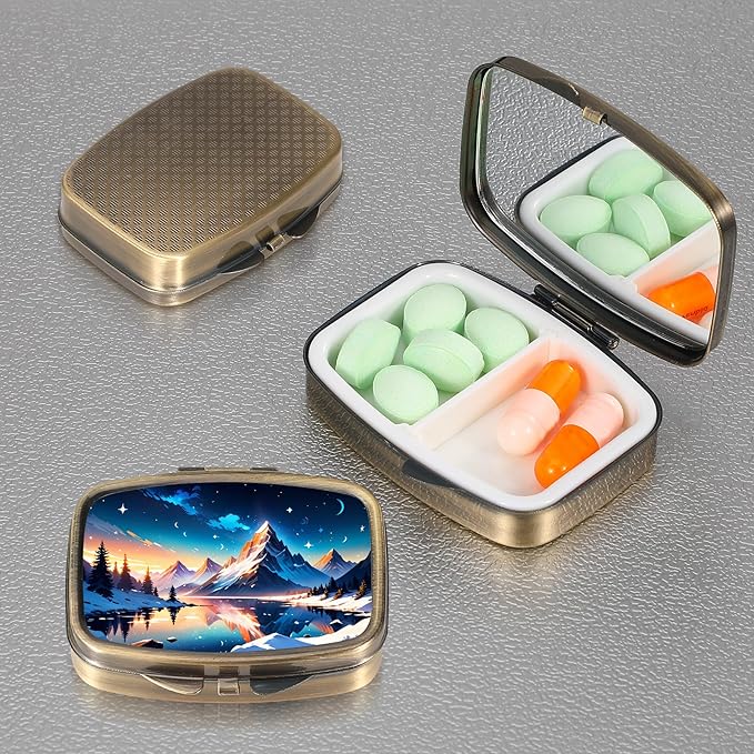 Dynippy Pill Case Pill Box with Mirror Retro Pocket 2 Compartment Medicine Case Vitamin Pill Organizer for Pocket Purse and Travel (Retro- Snowy Mountain Reflections)