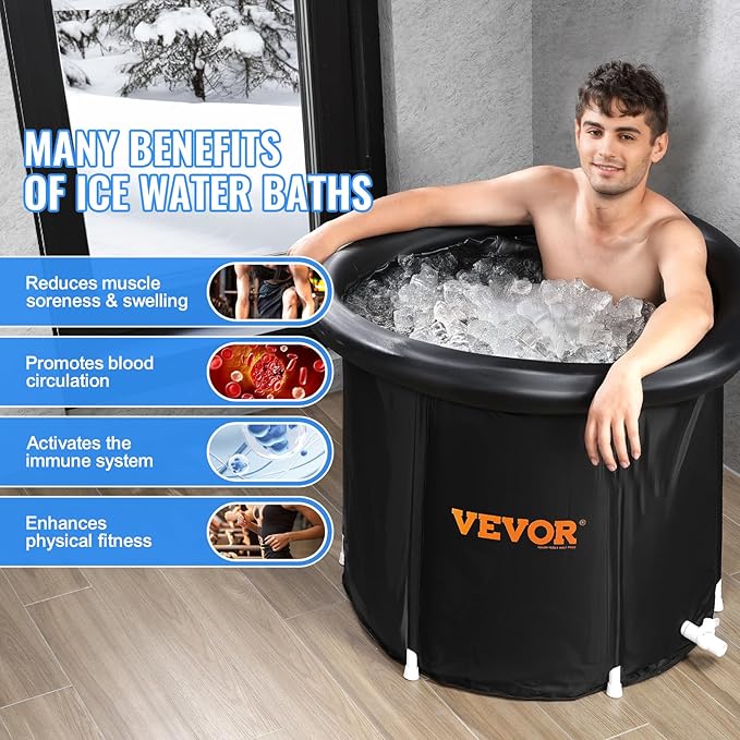 VEVOR Ice Bath Tub, Cold Water Therapy Plunge Tub for Athlete, Portable Outdoor Ice Barrel Plunge Pool for Recovery, 98 Gal Inflatable Folding Bathtub with Cover, Home Ice Pod for Adult, 35.4"Lx30"H