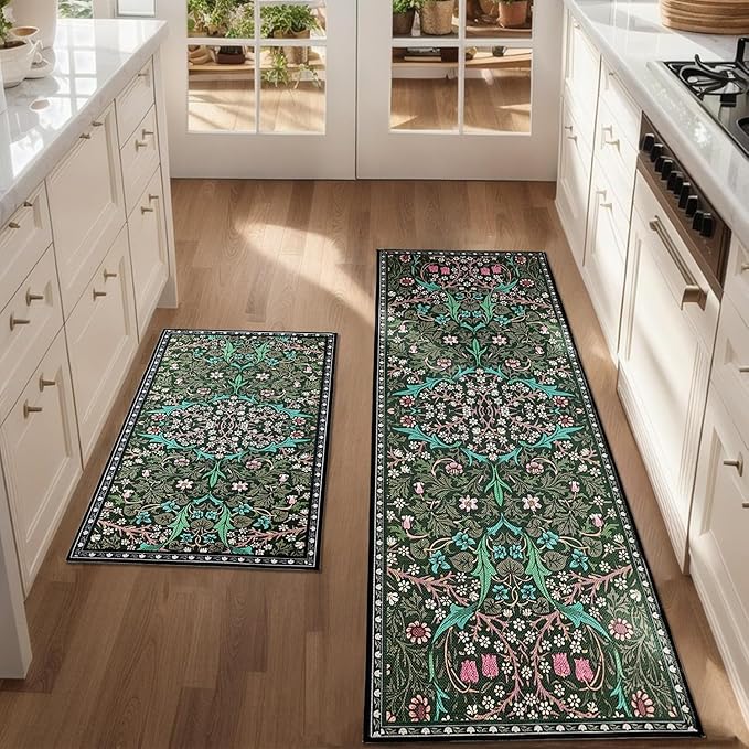 Vintage Floral Kitchen Mat Set of 2, Dark Green Floral Kitchen Rugs and Mats Non Slip Washable, Home Decor Low-Profile Kitchen Rugs for Floor (17”x30“+17''x47'')