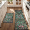 Vintage Floral Kitchen Mat Set of 2, Dark Green Floral Kitchen Rugs and Mats Non Slip Washable, Home Decor Low-Profile Kitchen Rugs for Floor (17”x30“+17''x47'')