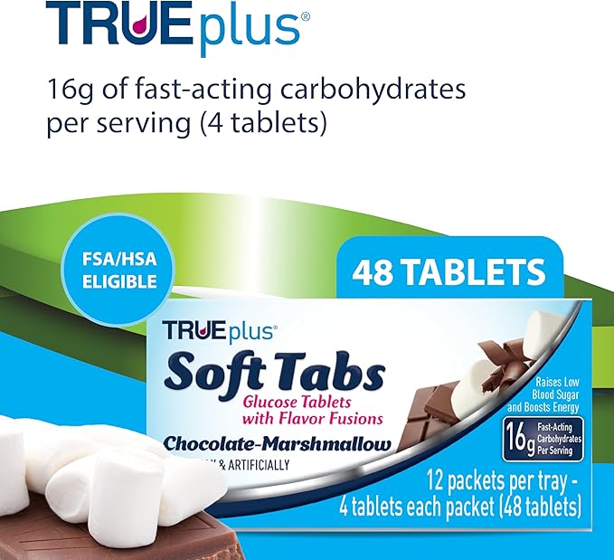 TRUEplus Soft Tabs Glucose Tablets, Chewable, Chocolate Marshmallow Flavor, 16g Fast-Acting Carbohydrates, Fat Free, Gluten Free, Raise Low Blood Sugar and Boost Energy, 4 Count, 12 Packs