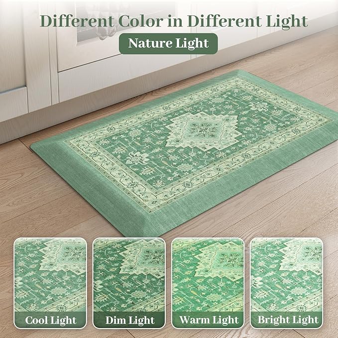 KIMODE Kitchen Mats for Floor Anti Fatigue 0.6" Thick, Cushioned Kitchen Floor Mat, Ergonomic Waterproof Standing Mat, Green Boho Vintage Kitchen Rug Non Skid for Sink Laundry Office Desk 20"x32"