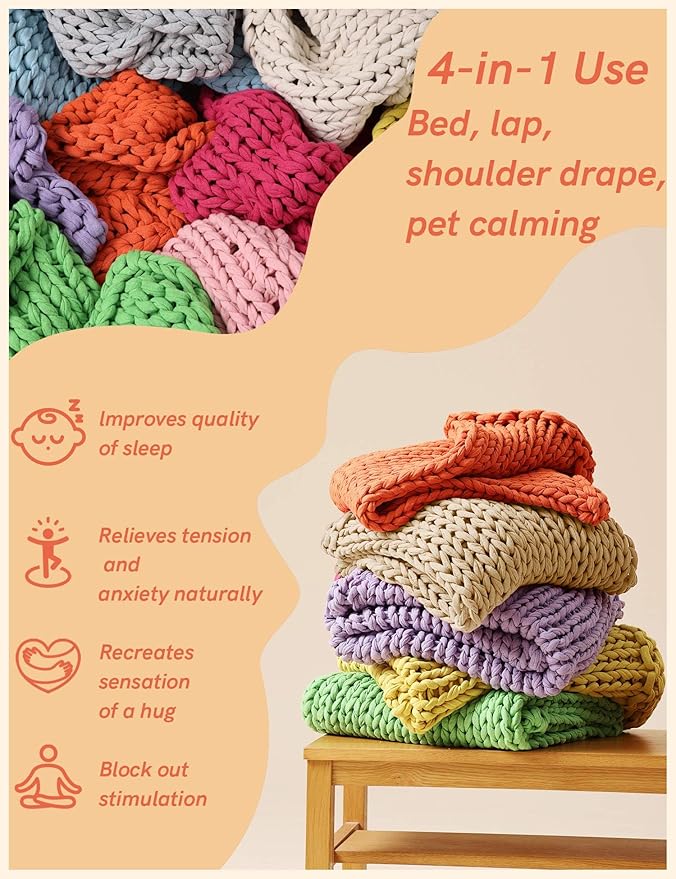 YnM Cooling Weighted Blanket, 100% Cotton Handmade Chunky Knitted Blanket, Weighted Lap, Breathable Heavy Blankets, Machine Washable Throw for Sleep or Home Decor (Beige, 50x60 Inch, 10lbs)