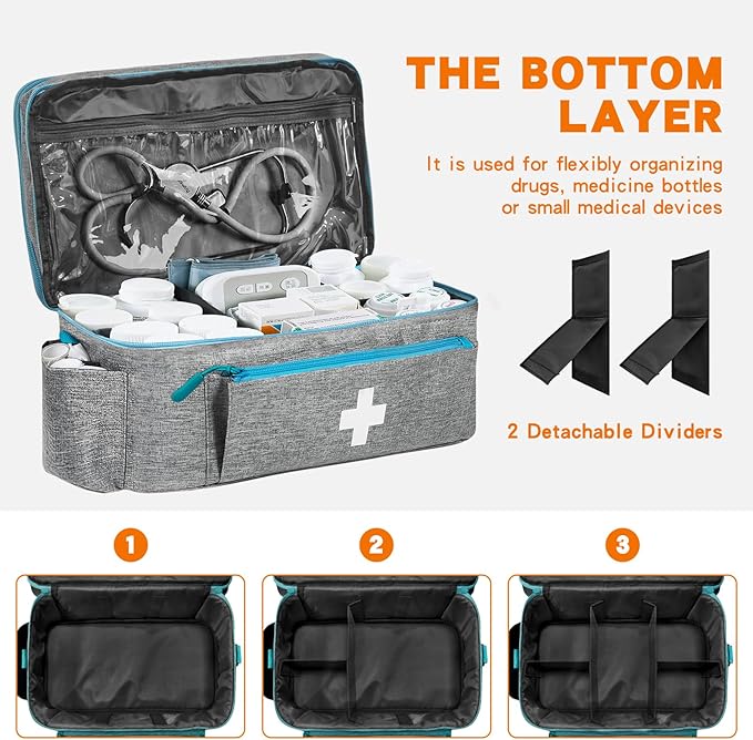 Boczif First Aid Kit, First Aid Storage Carry Bag, Pill Bottle Organizer for Emergency Trauma Medical Kits Supplies Waterproof, Ideal for Home, Travel, Outdoor, Camping (Grey with shoulder strap)