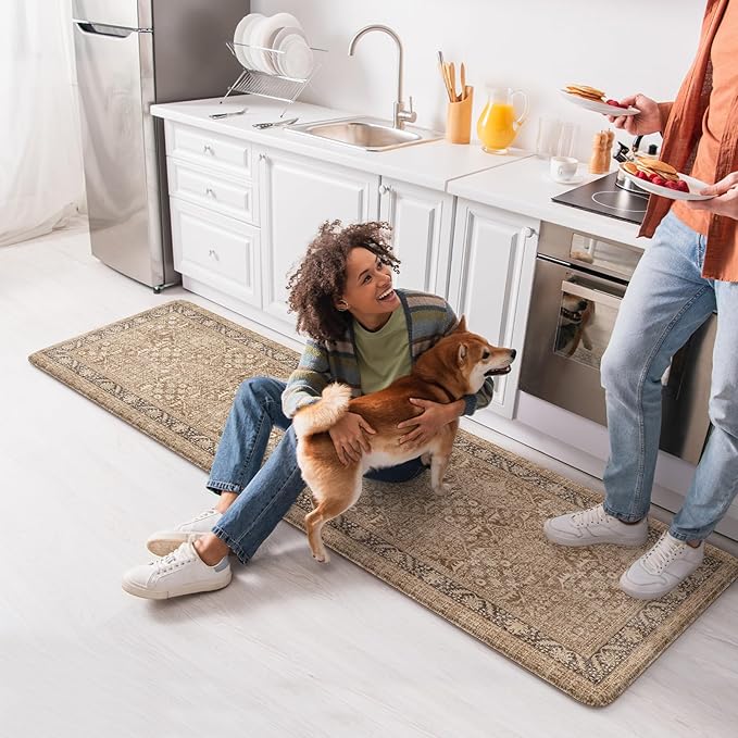 KIMODE Anti Fatigue Kitchen Mat, Cushioned Boho Kitchen Runner, Non Slip Memory Foam Kitchen Mat for Floor, Waterproof Standing Desk Mat for Laundry, Office, Sink Brown 17.3"x59"
