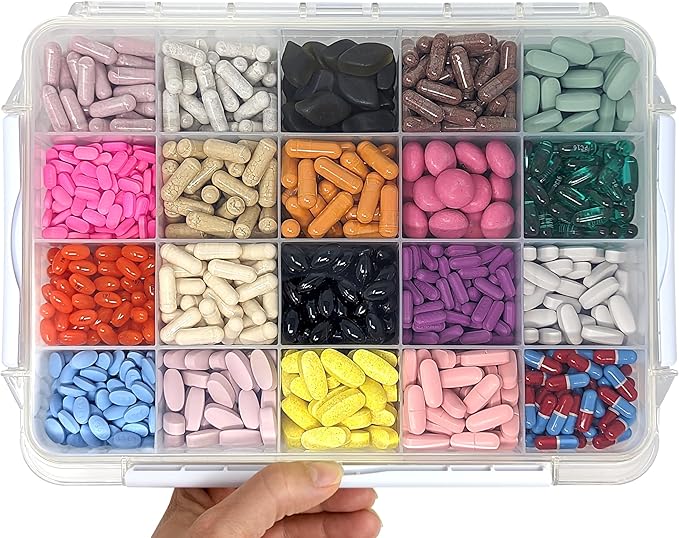 20 Compartment Large Pill Case with Airtight Seal - Silicone Gasket Waterproof Med Box with Medication Map & Medical Alert Card (Clear, 2 Pack)
