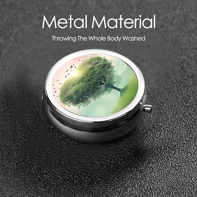 Heart Shaped Tree Butterfly Birds Pill Box 3 Compartment Pill Case, Portable Medicine Pill Organizer for Pocket Purse Pill Box Decorative Metal Medicine Vitamin Organizer