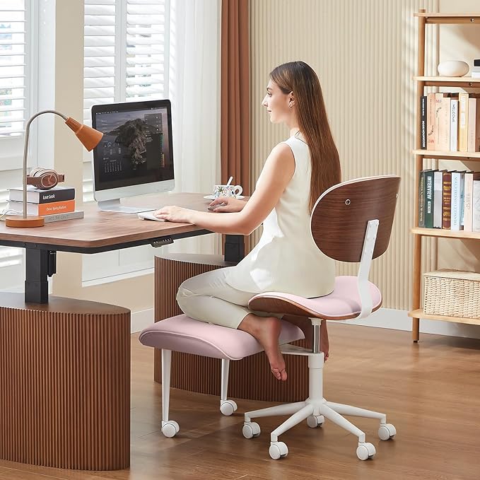 Bestier Ergonomic Cross Legged Office Chair for Women, Meditation Chair with Wider Back Support for Adults, 360° Swivel Office Chair with Wheels, Adjustable Height for ADHD Girl Pink PU Leather