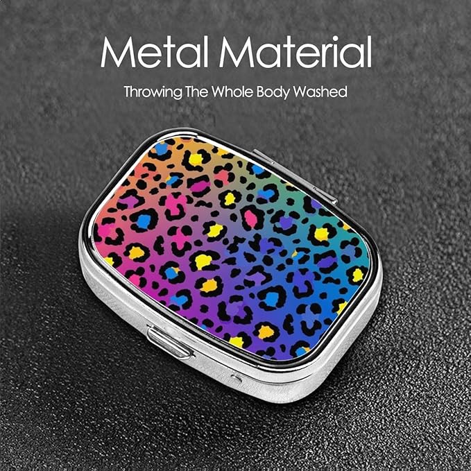 Cheetah Skin Rainbow Leopard Print Pill Case Pill Box with Mirror Retro Pocket 2 Compartment Medicine Case Vitamin Pill Organizer for Pocket Purse and Travel Gifts