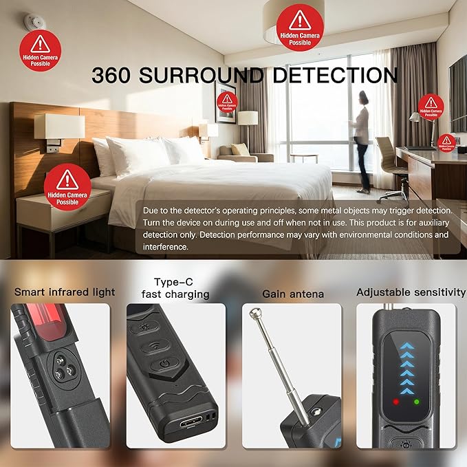 Hidden Camera Detectors，GPS Tracker Detector，Anti-Spy Detector,Listening Device Detector，Bug Detector for Travel, Hotel, Home, Car, Office