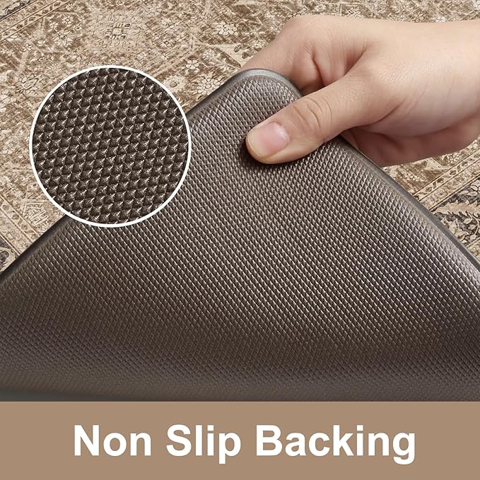 KIMODE Anti Fatigue Kitchen Mat 20"x59"+20"x32", Boho Distressed Kitchen Rugs Sets of 2, Kitchen Mats for Floor Cushioned Non Slip, Comfort Kitchen Floor Mats for Sink, Laundry, Desk Brown